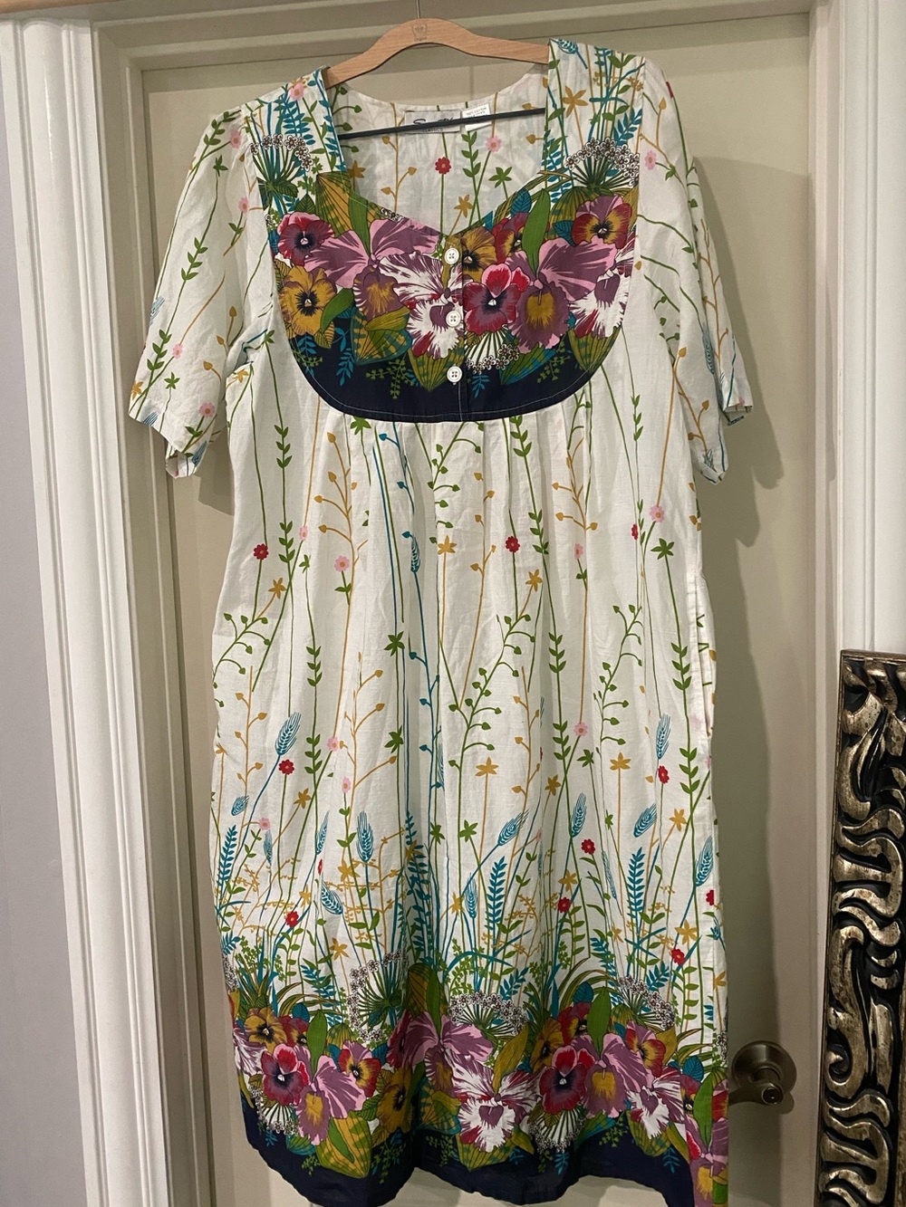 White Floral Midi Dress with Multicolor Embroidered Yoke